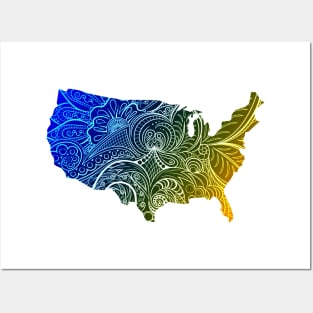 Colorful mandala art map of the United States of America in high contrast dark blue and dark yellow Posters and Art